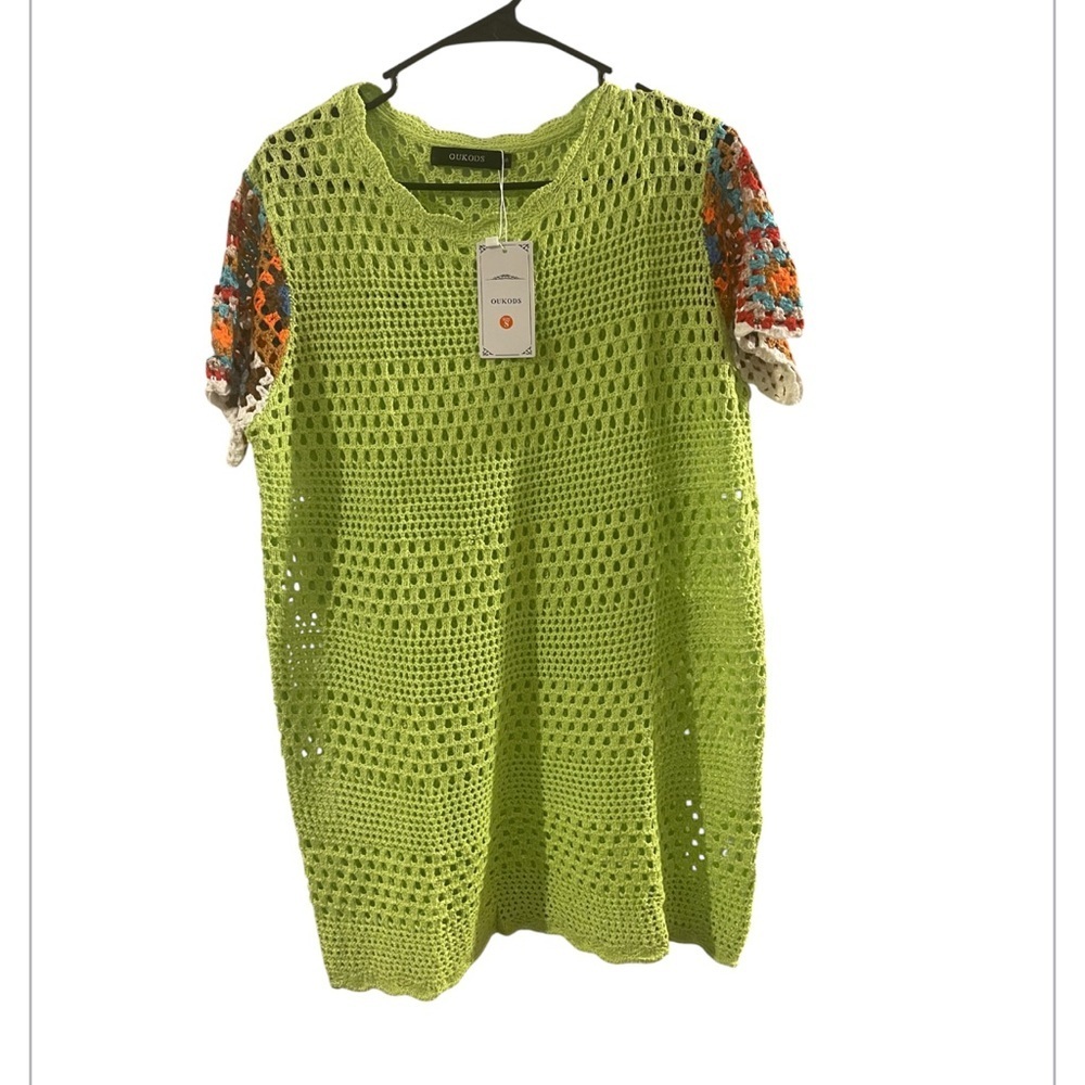 OUKODS Green Crochet Top with Multicolor Sleeves